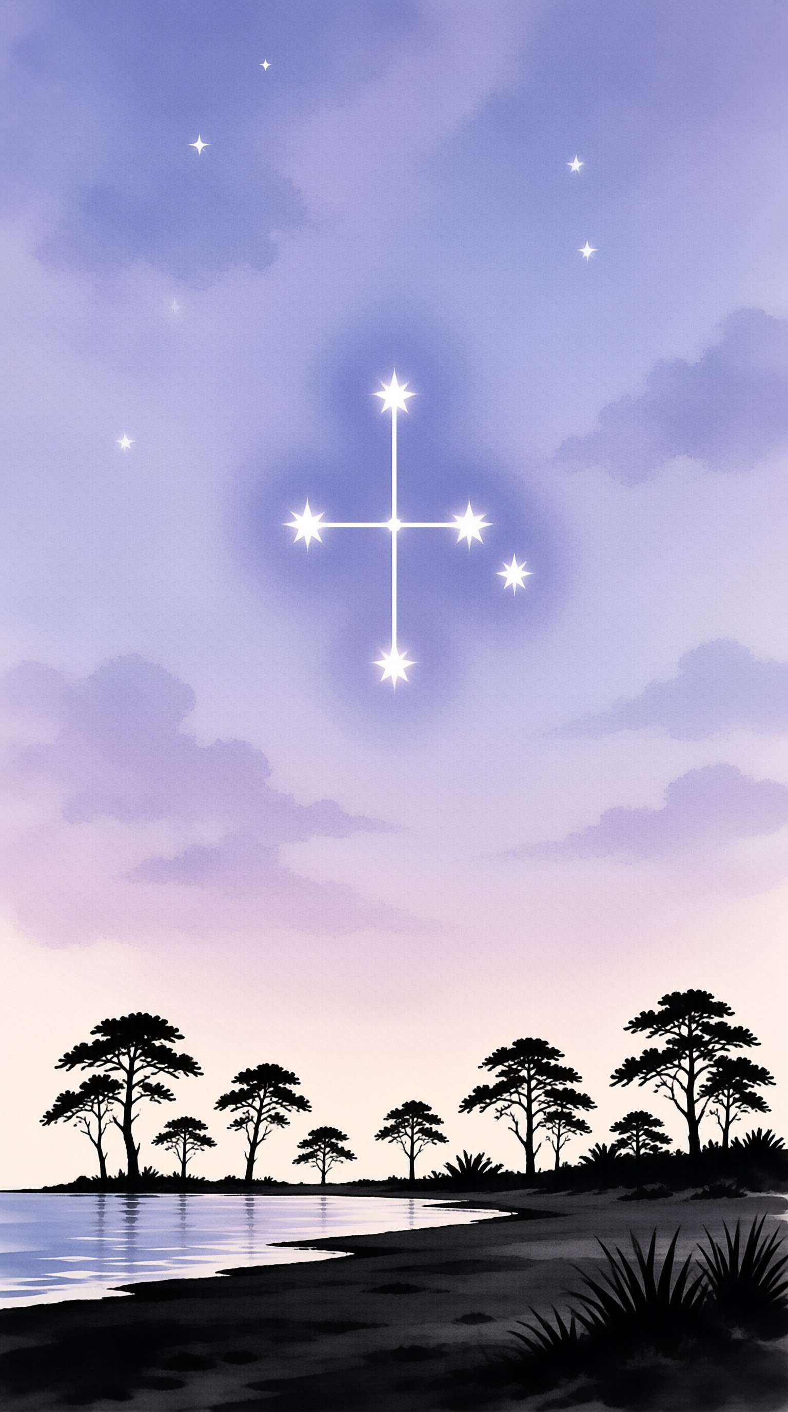 Four bright stars form a cross shape in the purple twilight sky above black tree silhouettes near the water.