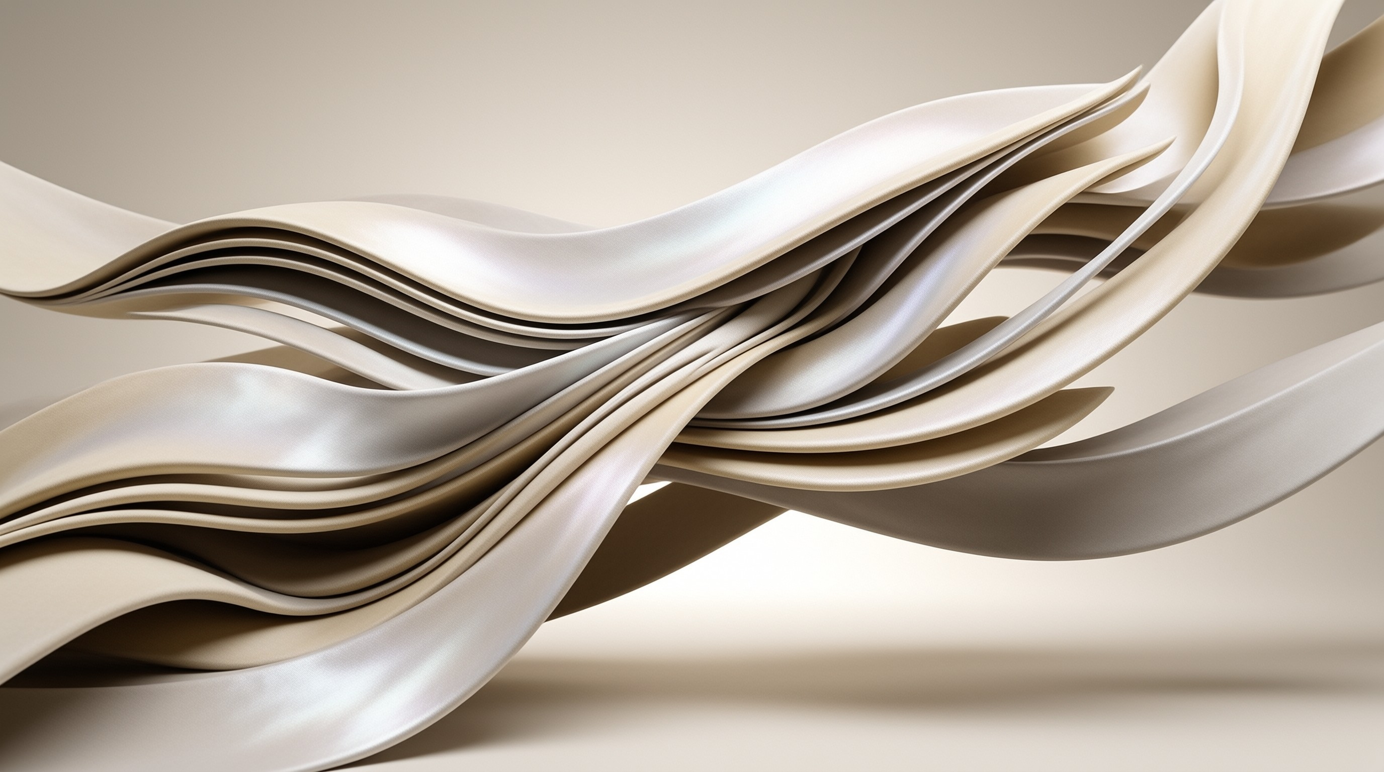 Layered cream and ivory silk ribbons curve dynamically across a muted beige background under even soft diffused lighting.