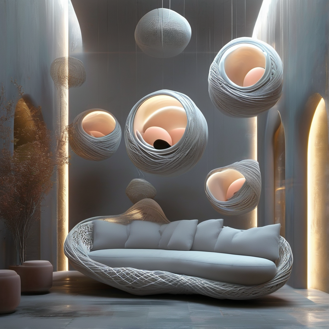 Large curved seating with white cushions sits under suspended woven spheres emitting warm light in a curved architectural space.