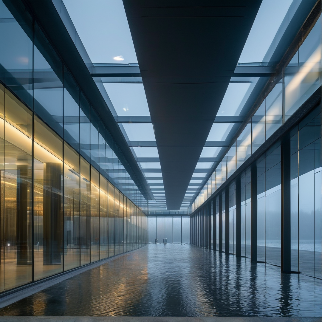 Long glass walkway features a central roof beam above rippling water reflecting warm interior lights against a cool blue sky.
