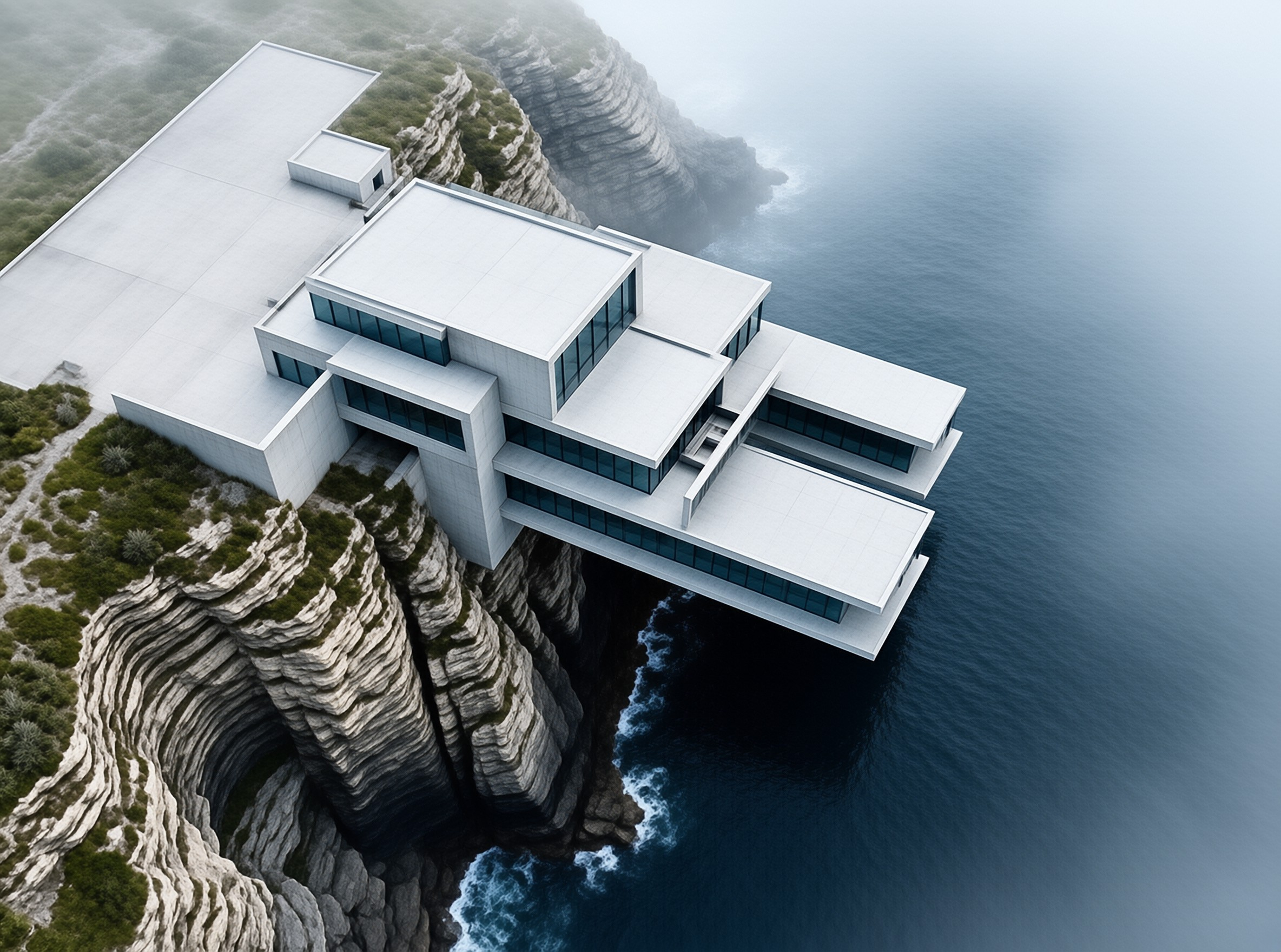 Top down view of a sleek white house attached to a coastal cliff above grey misty sea