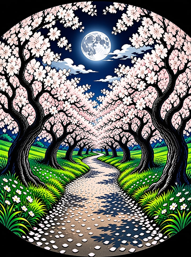 Rows of pink cherry trees arch over a winding garden path lit by a glowing full moon at night