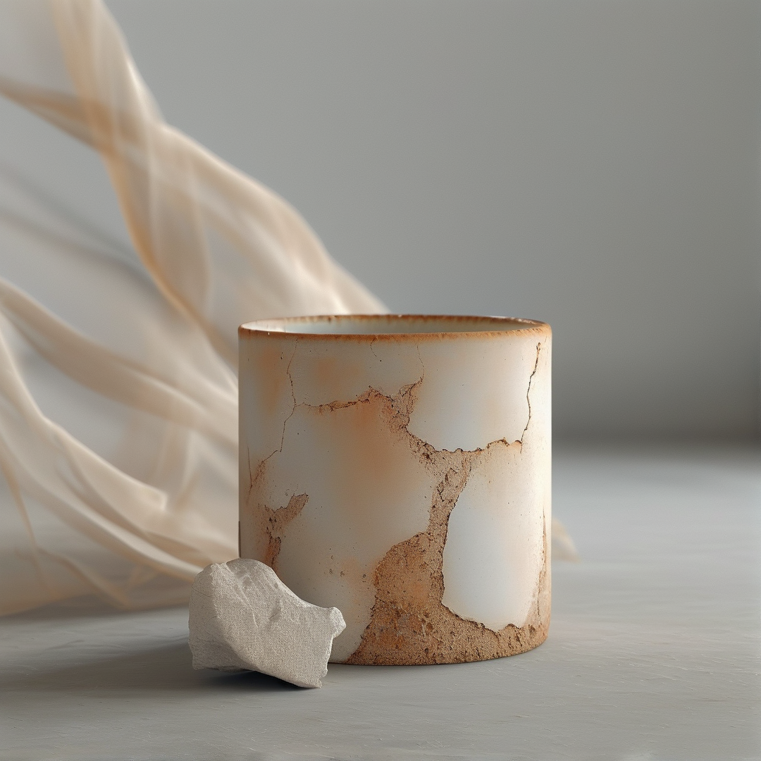A rustic ceramic cylinder with a cracked glaze stands on a gray surface near a draped beige fabric.