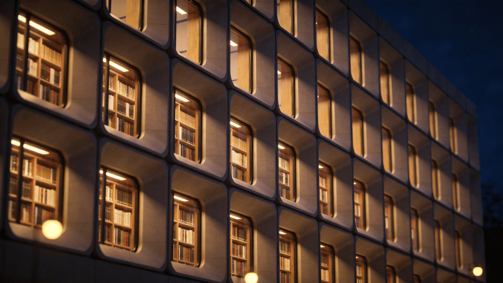Library in Night With Warm Lights