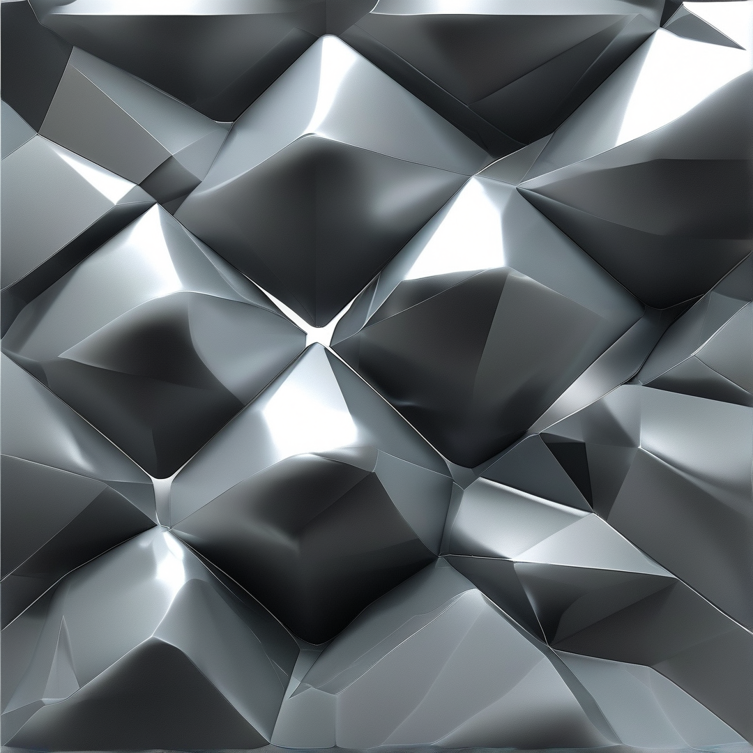 Angular grey metallic faceted surface features irregular deep folds, with bright white light highlighting sharp exposed edge creases.