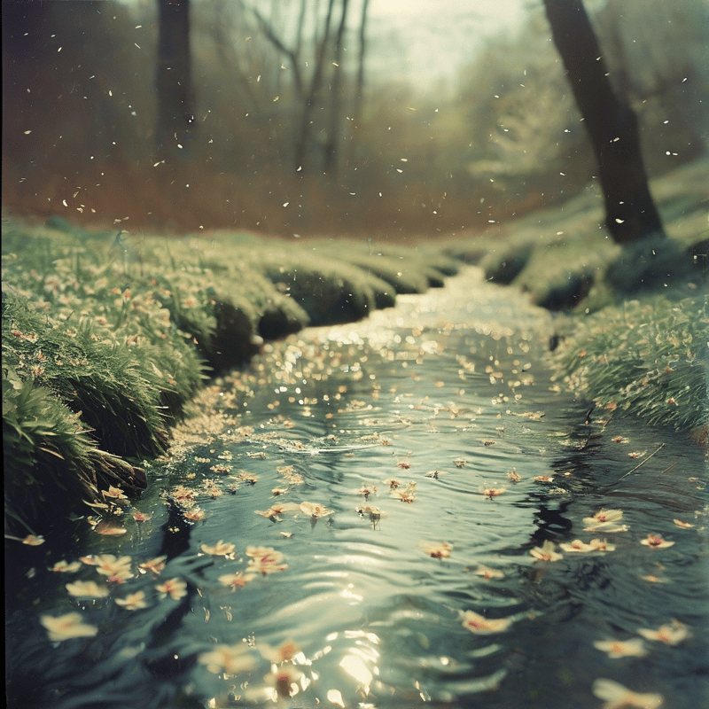 A narrow stream winds through a grassy forest while flower petals float on the rippling water reflecting soft sunlight.