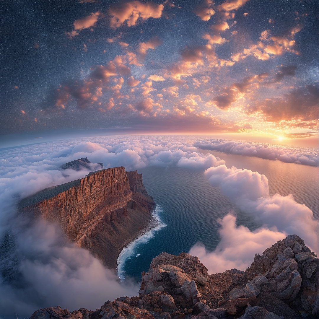 A towering brown cliff edge stands above soft clouds while the sun dips below the horizon in a colorful sky.