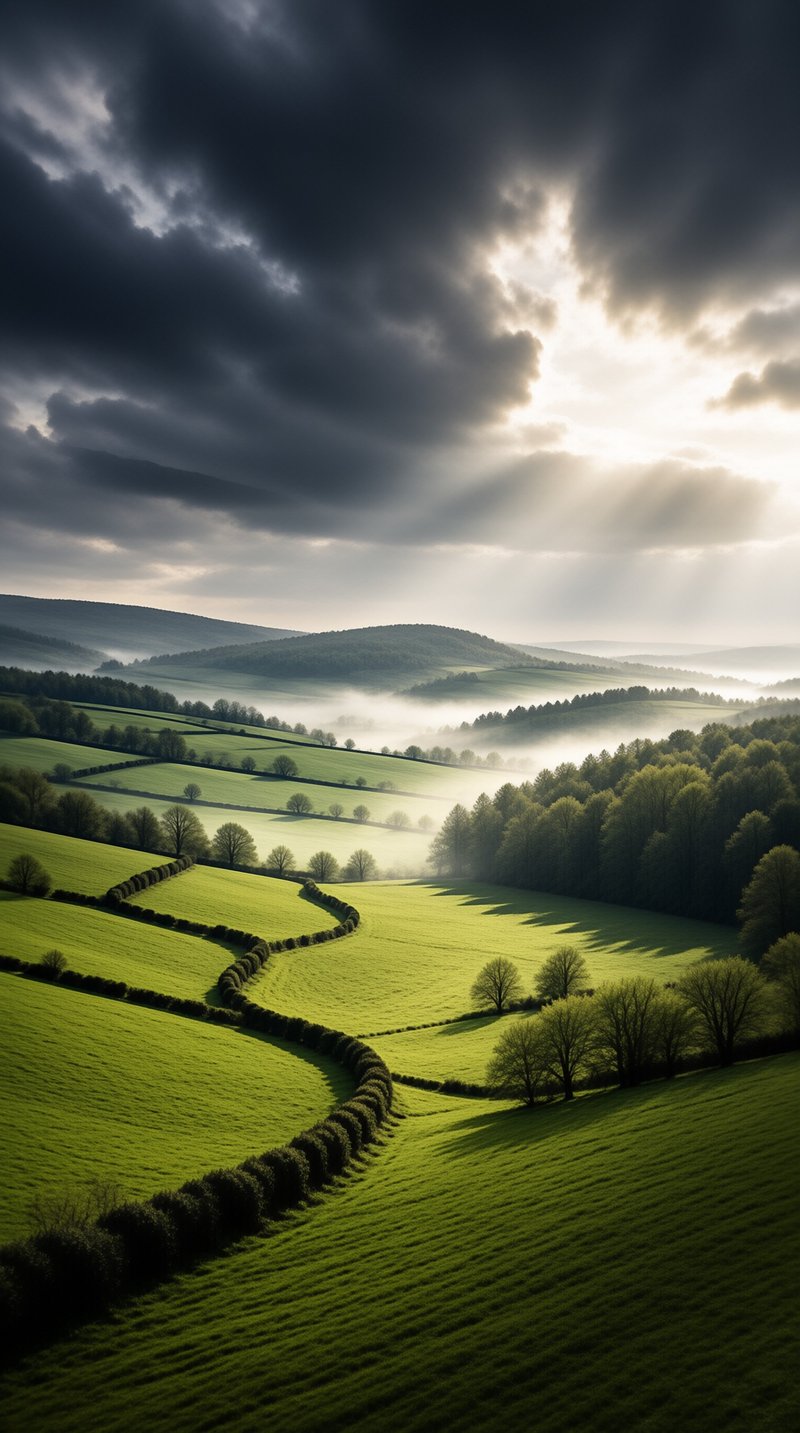 Rolling countryside quilted with hedges, veiled in low mist beneath storm clouds split by shafts of light.