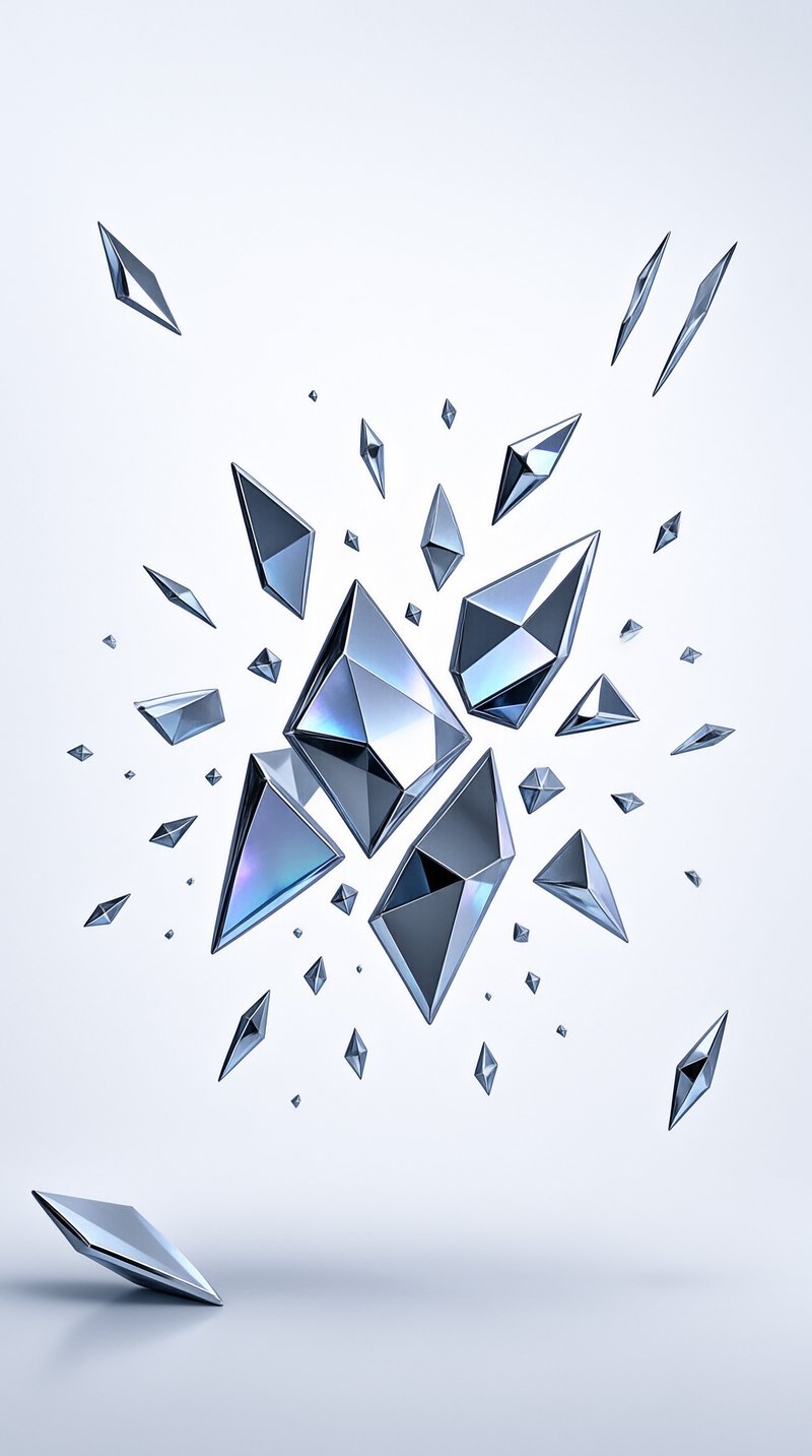 Abstract geometric shapes resembling cut gems hover against a plain background with sharp reflections.