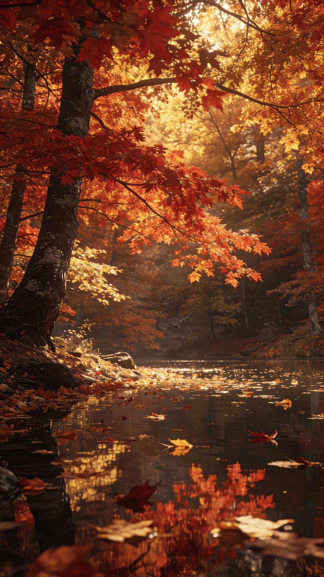 Red Maple Canopy Over a Calm Lake