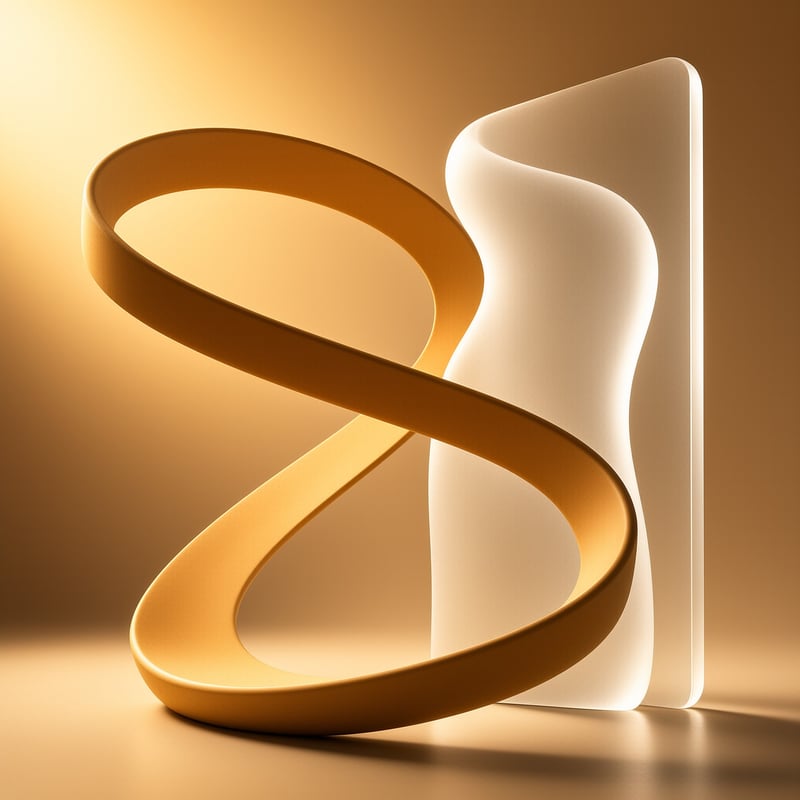 A smooth golden band curves through the air beside a glowing translucent slab on a warm gradient set.