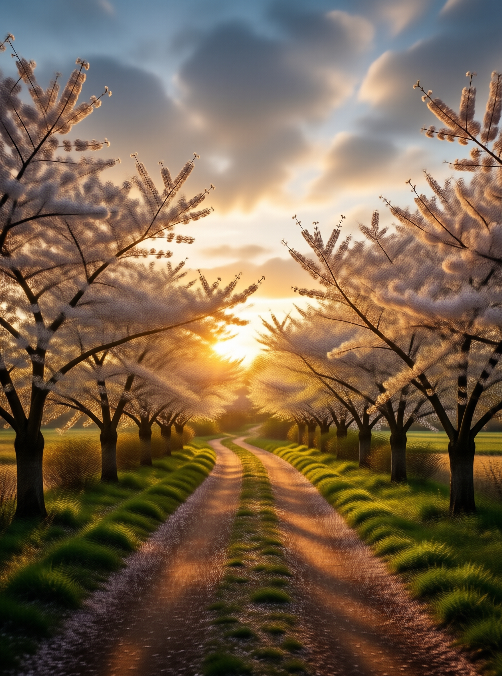 Sunset Path Under Blossoms