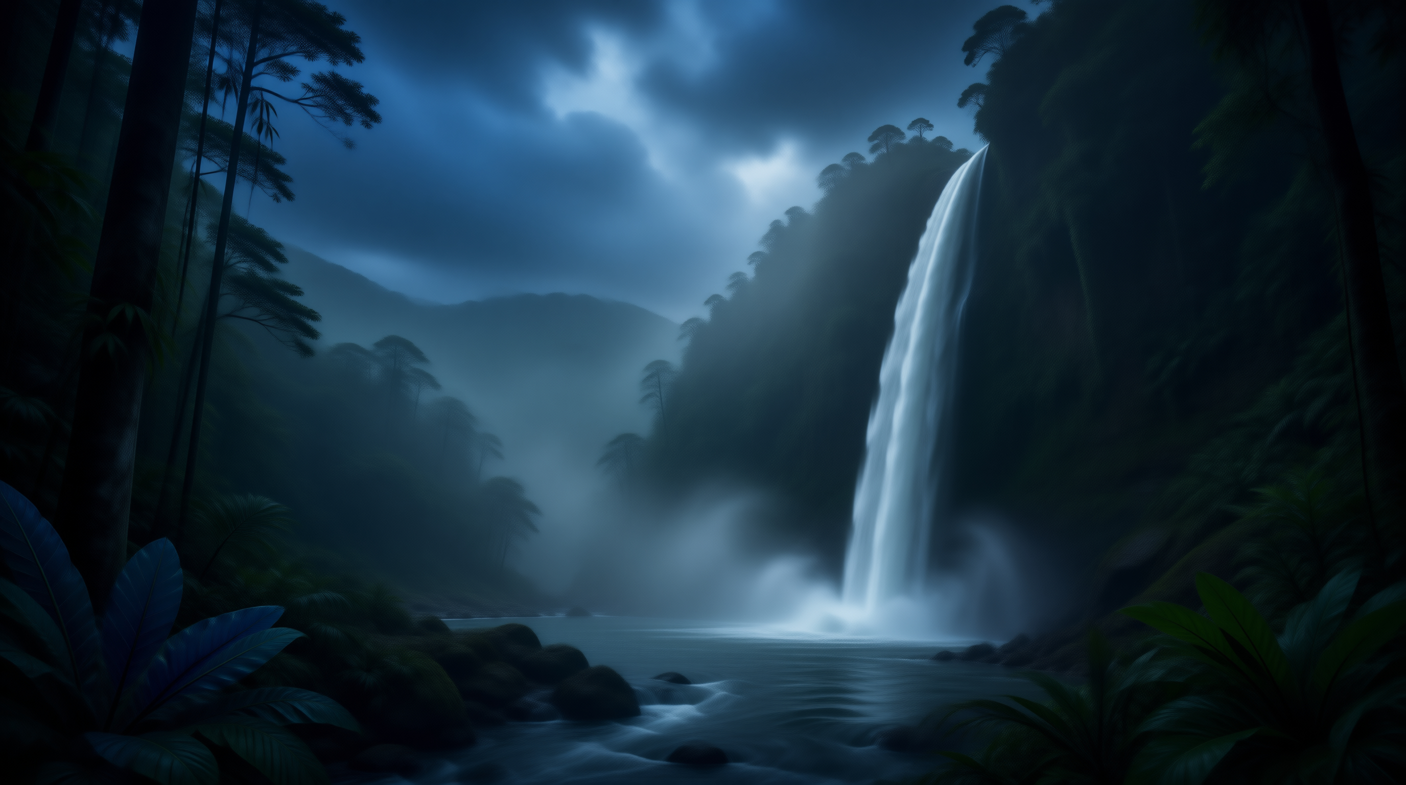 Misty Waterfall Night