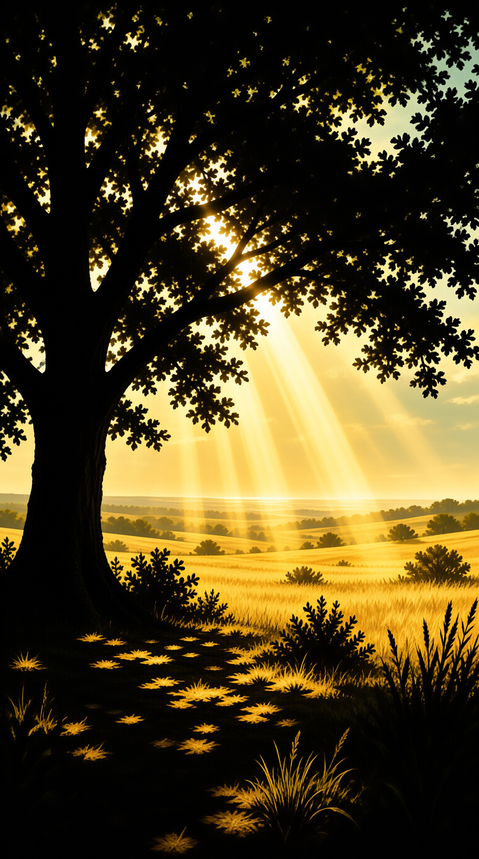A dark tree silhouette stands on the left while brilliant rays of sunlight shine upon distant rolling hills.