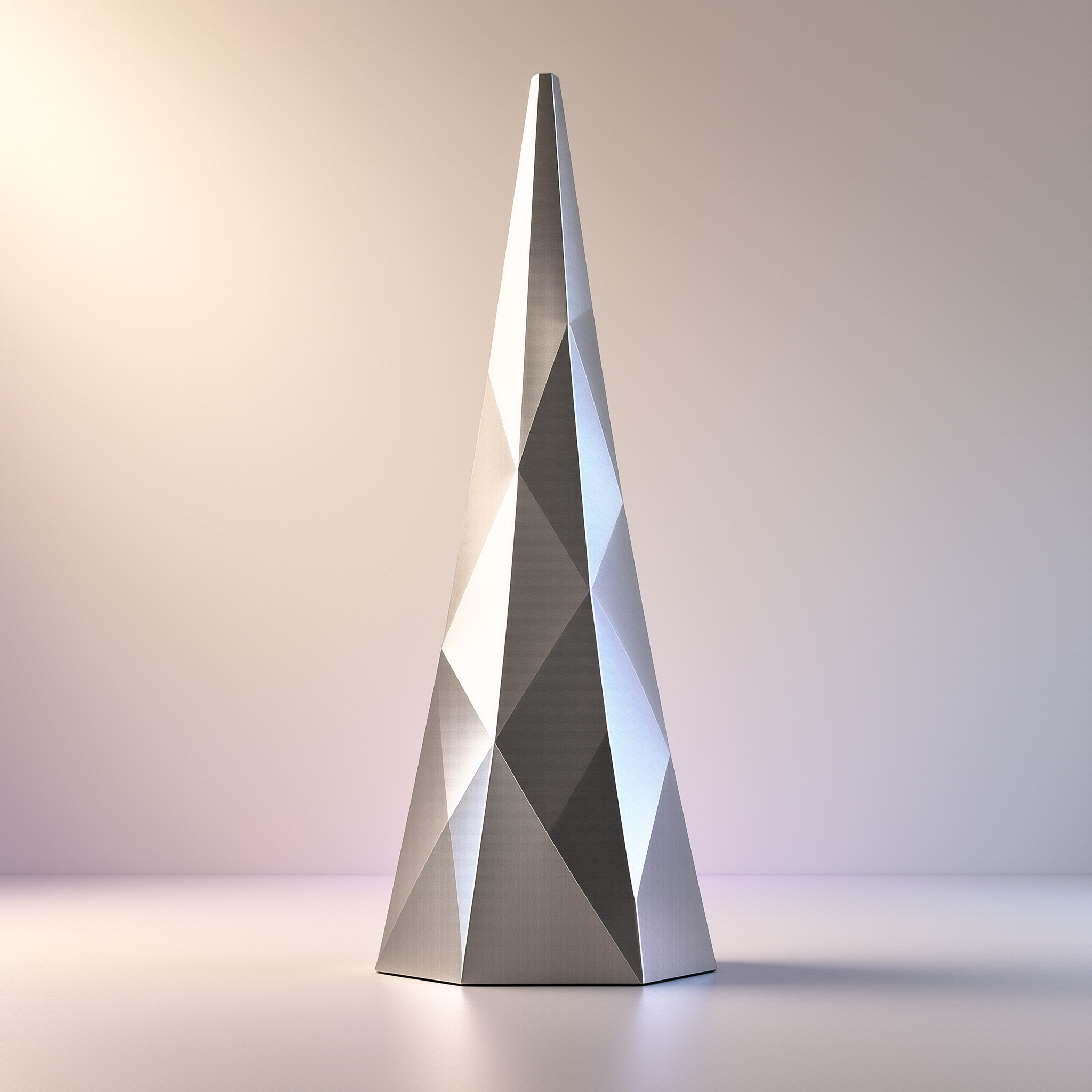 A tall metallic spire with geometric facets stands on a white surface against a gradient background.
