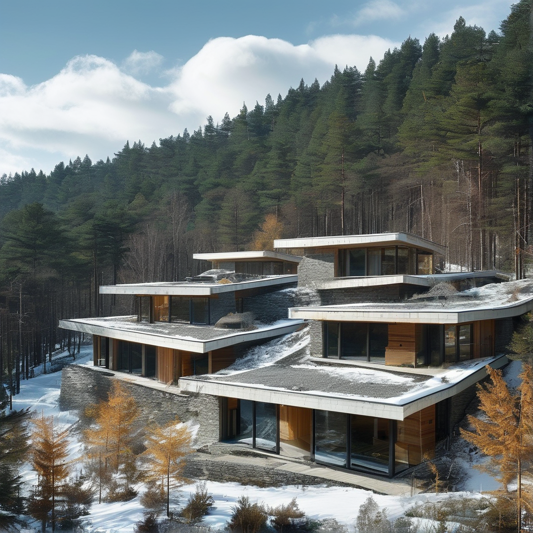 Modern split level stone and wood home perched on a snow covered hillside backed by dense evergreen forest under bright daytime skies.