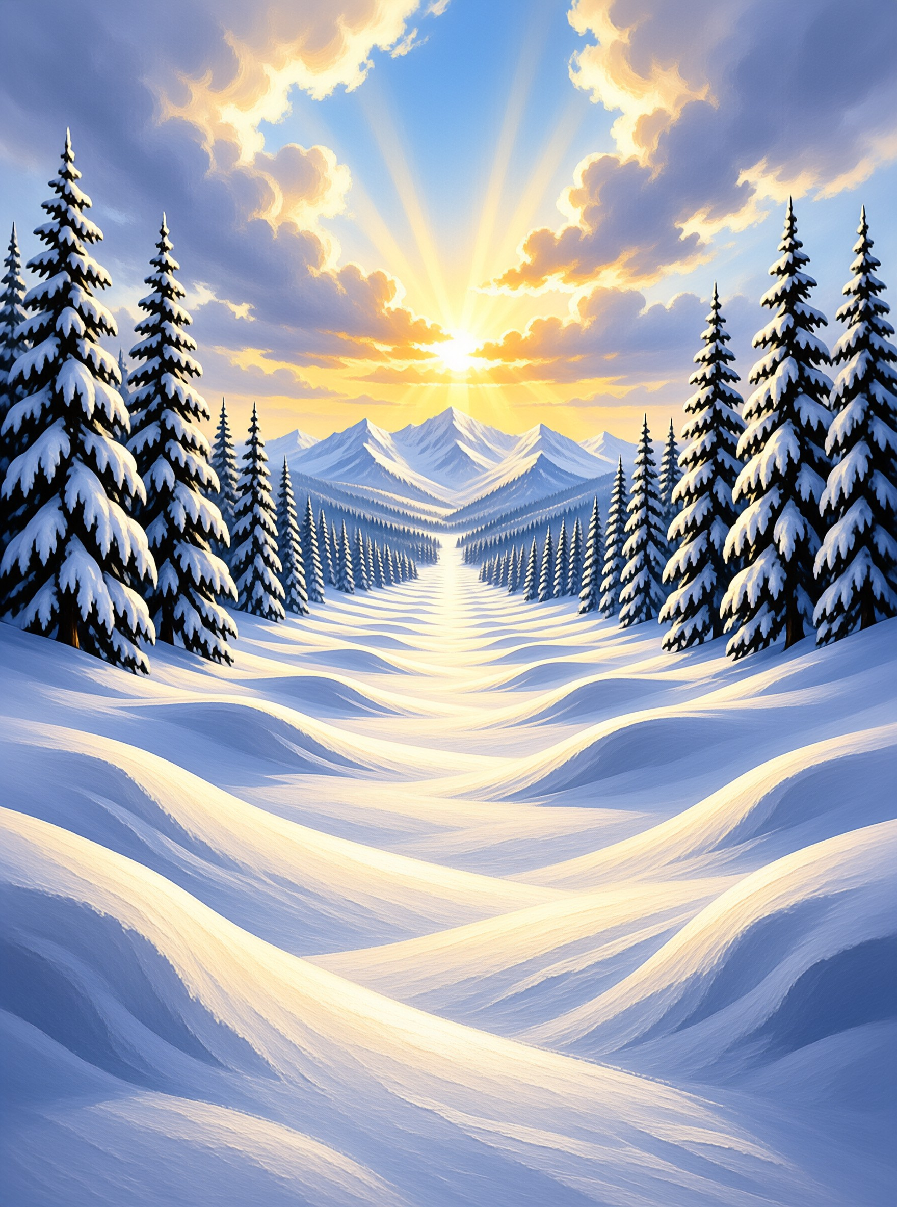 Painted fir trees frame a winding snow covered basin beneath radiant peaks and a bright morning sky.