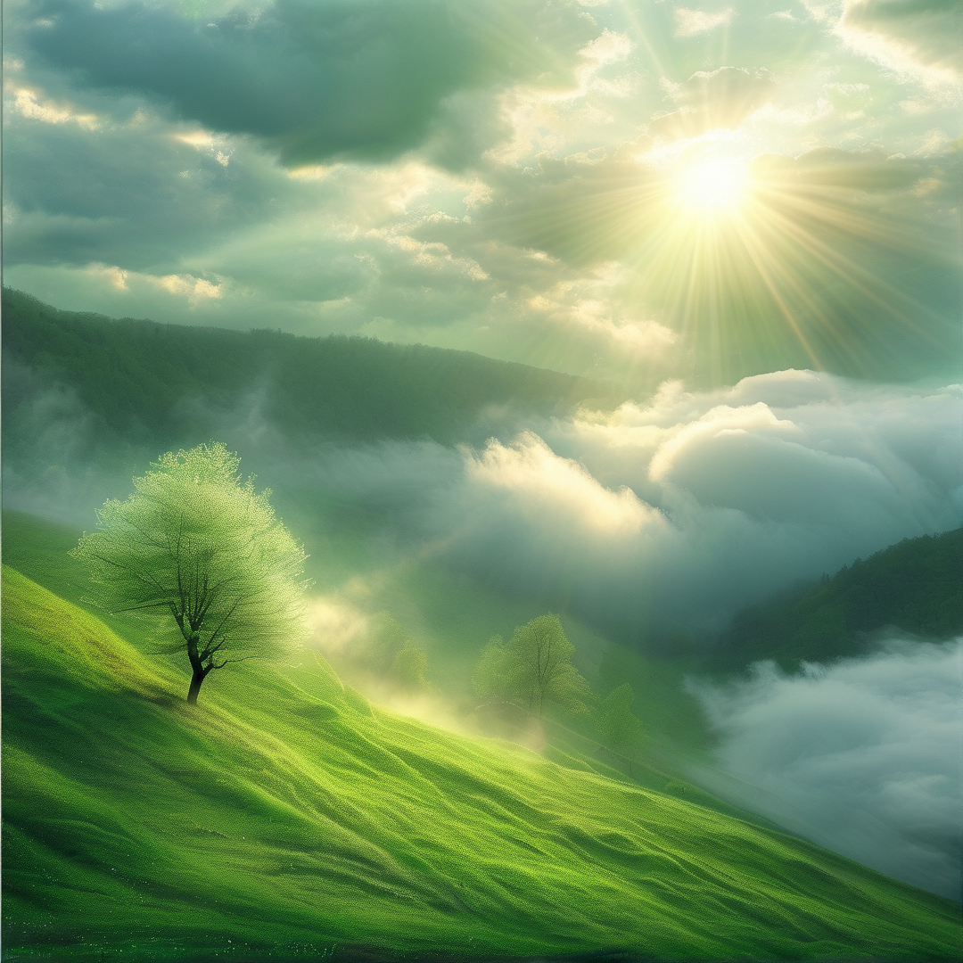 Sunlit Misty Green Hills