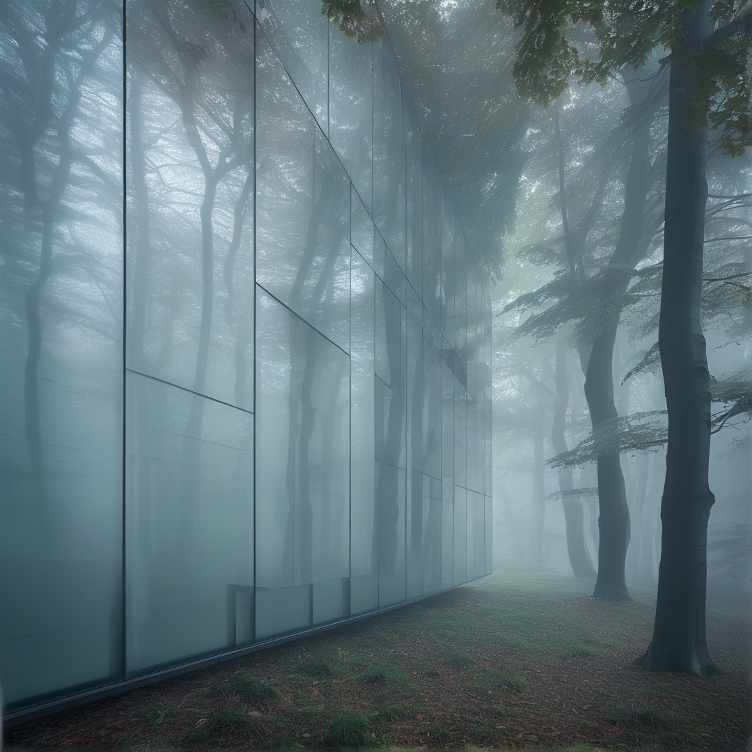 A sleek glass building exterior mirrors the surrounding trees while thick fog obscures the background forest.