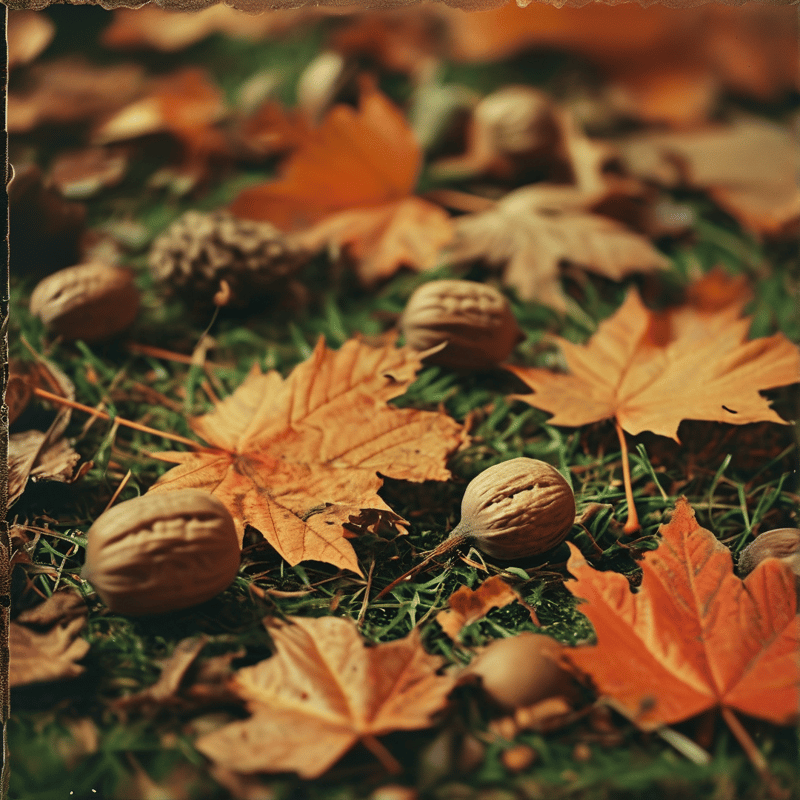 Orange maple leaves and brown wrinkled walnuts lie scattered over patches of dark green grass under soft warm autumn light.