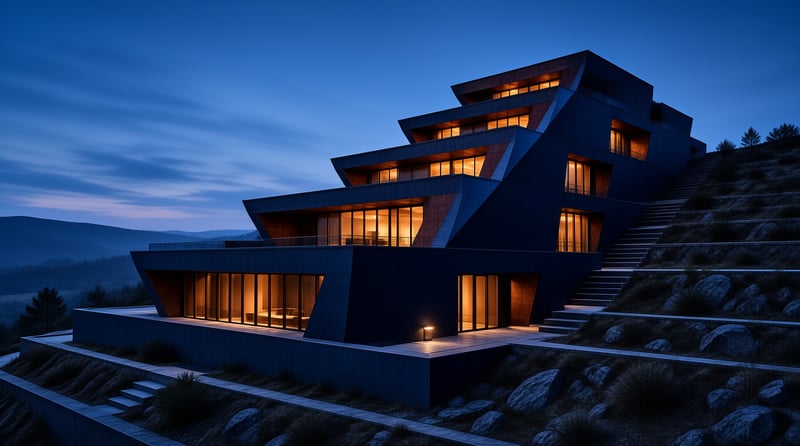 Modern Hillside House at Dusk
