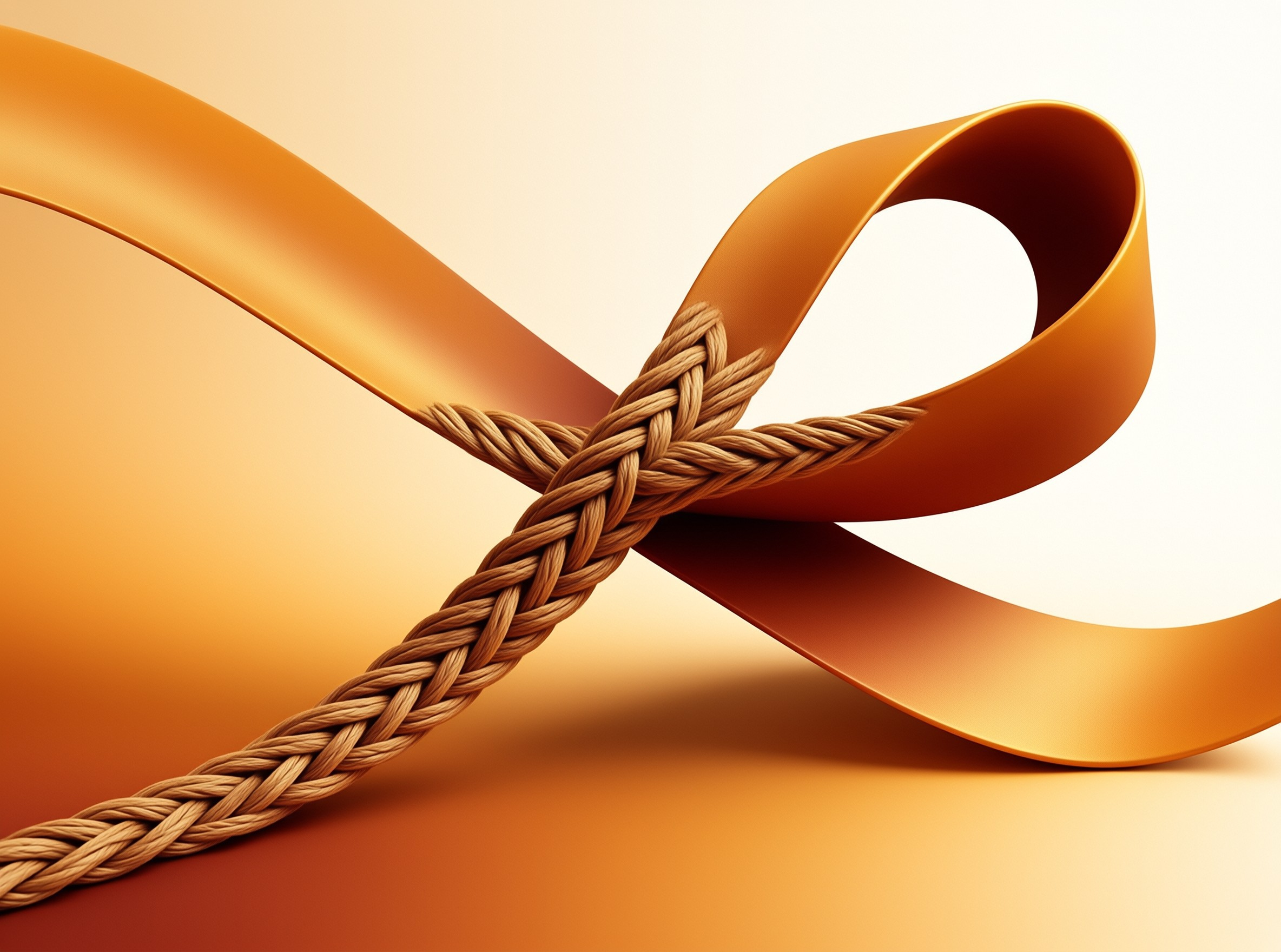 A thick twisted fiber rope binds a smooth curved orange ribbon against a warm gradient background.
