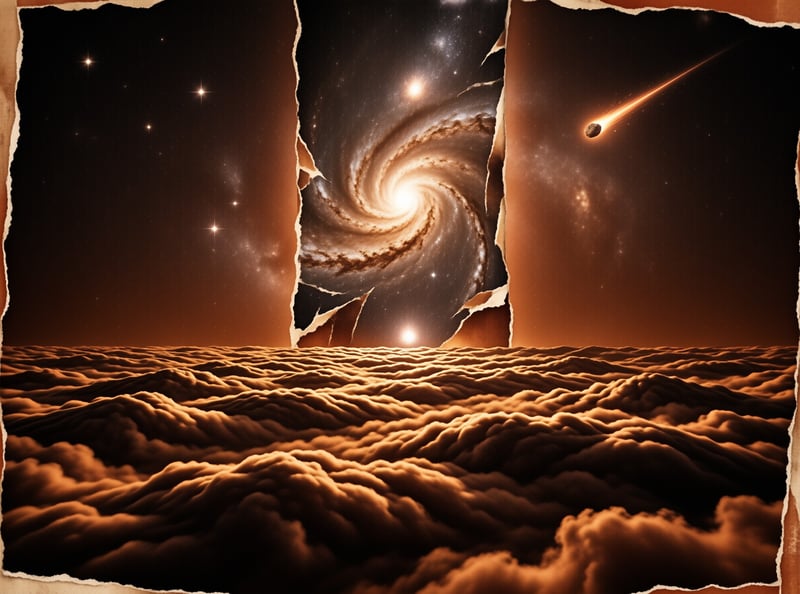 A torn paper effect exposes a spiral galaxy and shooting star above undulating brown landscape.