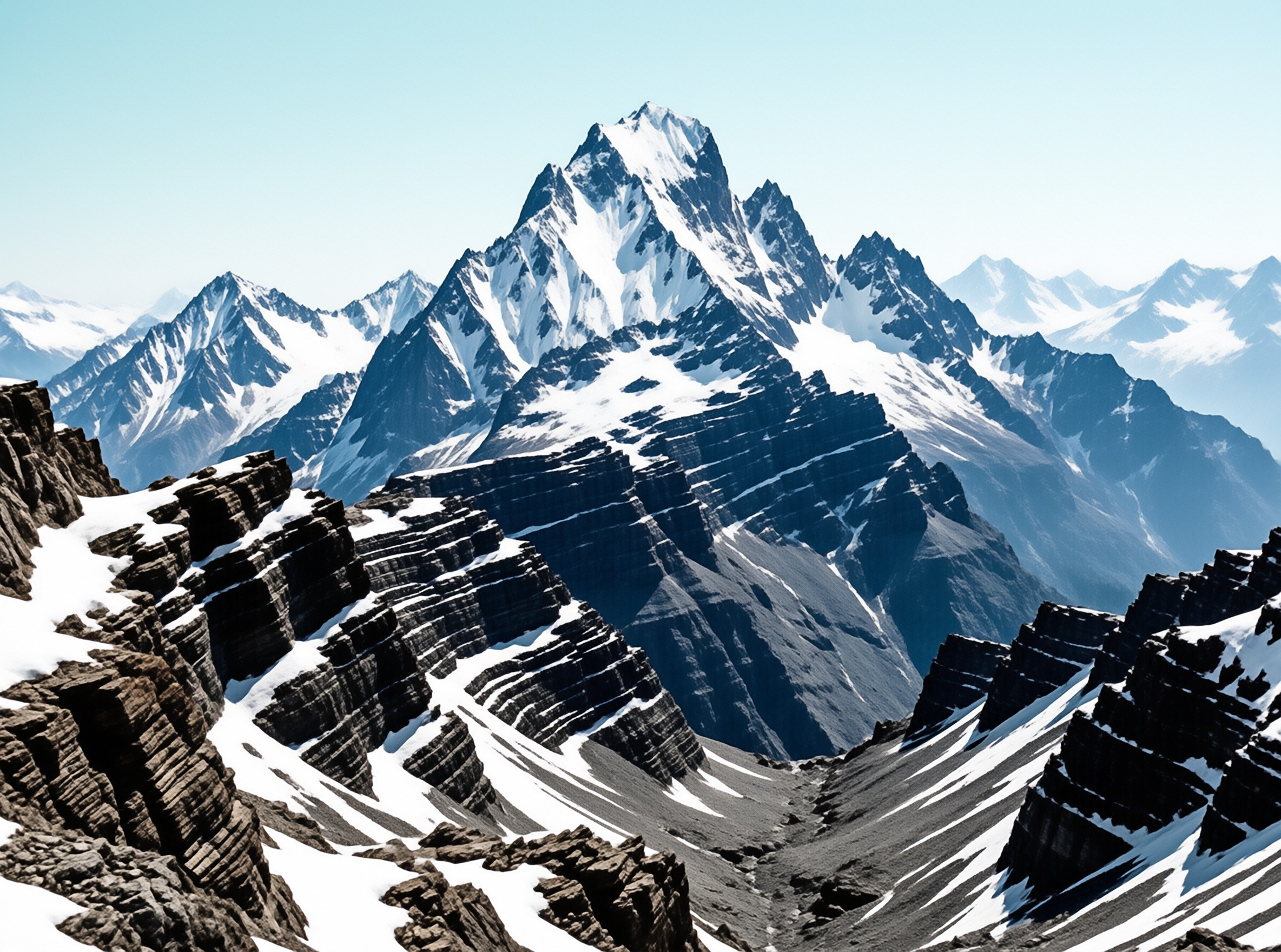 Jagged summits covered in bright snow tower above dark folded rock ridges under a clear pale blue sky.