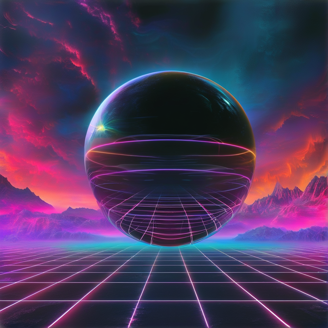 A luminous sphere with a wireframe design floats above a neon grid landscape under vibrant colorful skies.