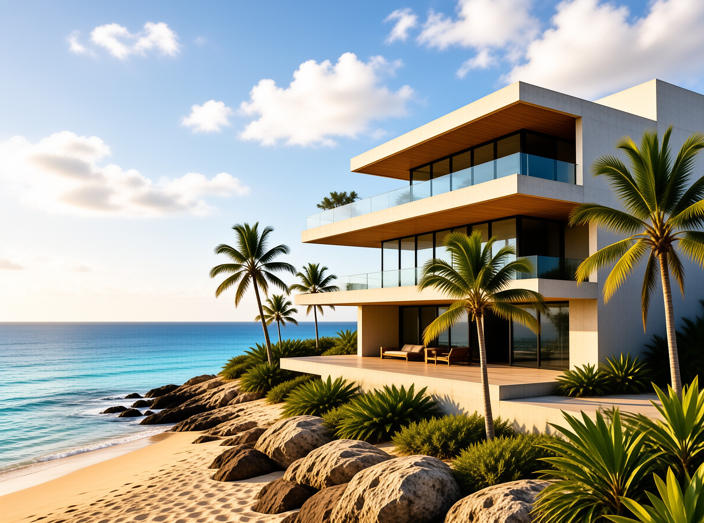 A large white modern house stands on a sandy beach next to large rocks and palm trees under a bright sky.