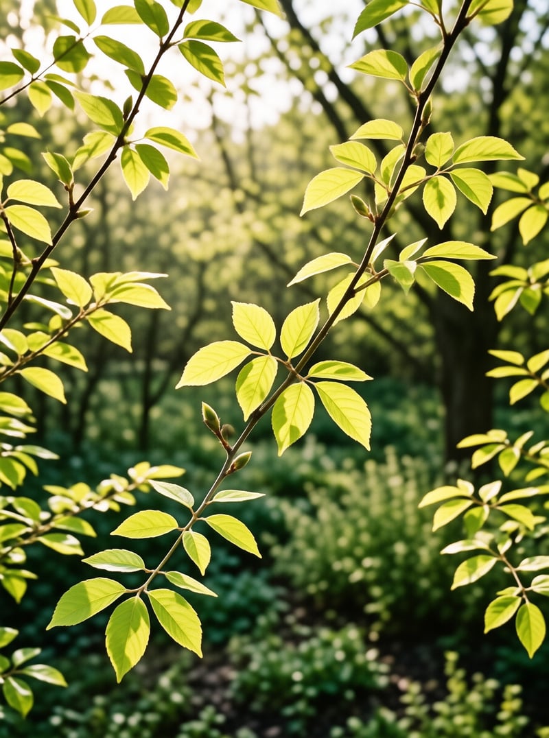 Bright green leaves on slender branches are backlit by warm sunlight filtering through a blurred forest background.