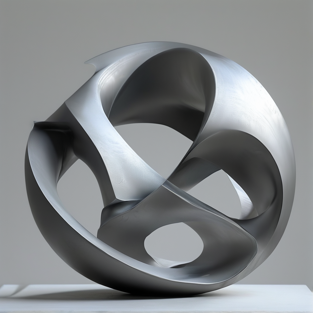 A large glossy silver abstract form with twisted openings rests on a plain white table under even studio lighting against a muted gray wall.