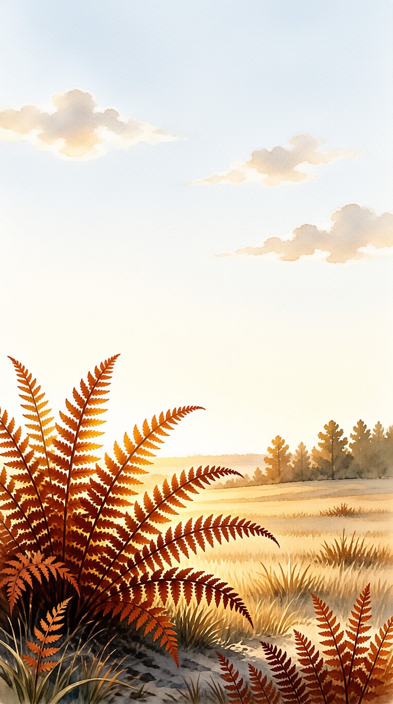 Delicate rust-colored fern fronds rise from a sunlit meadow painted in soft watercolor tones beneath a pale sky.