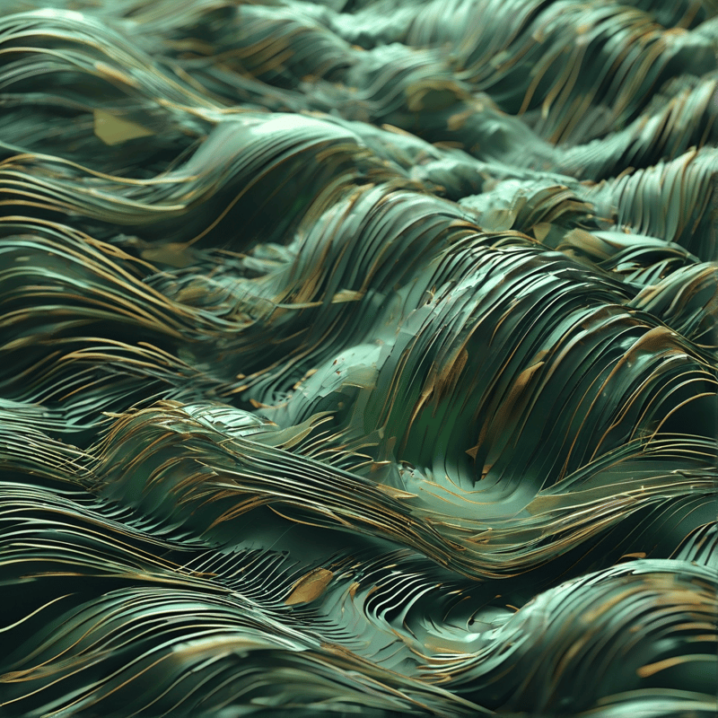 Rolling ridges of deep green material carry fine golden strands, flowing like fabric across the whole frame.