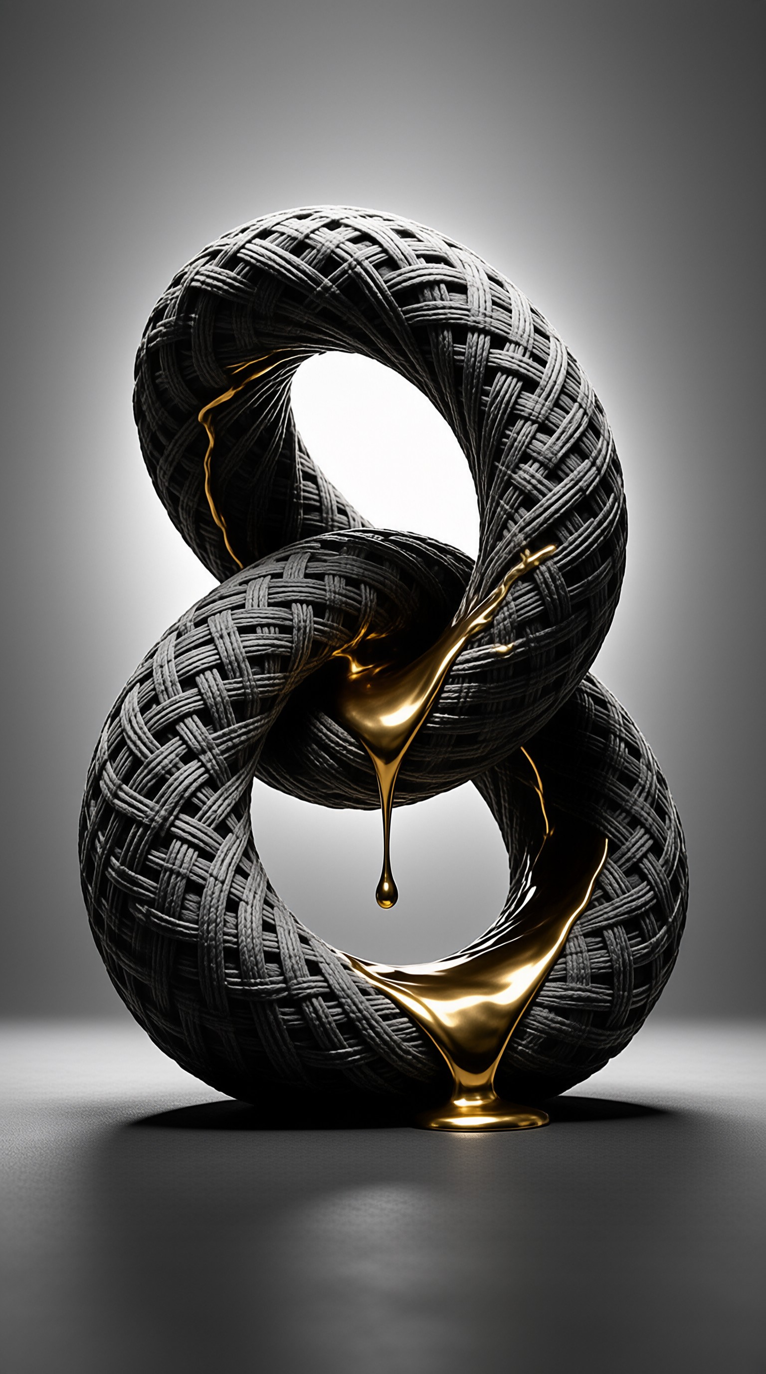 A dark woven wicker structure twisted into a loop is illuminated by streams of molten gold against a soft grey backdrop.