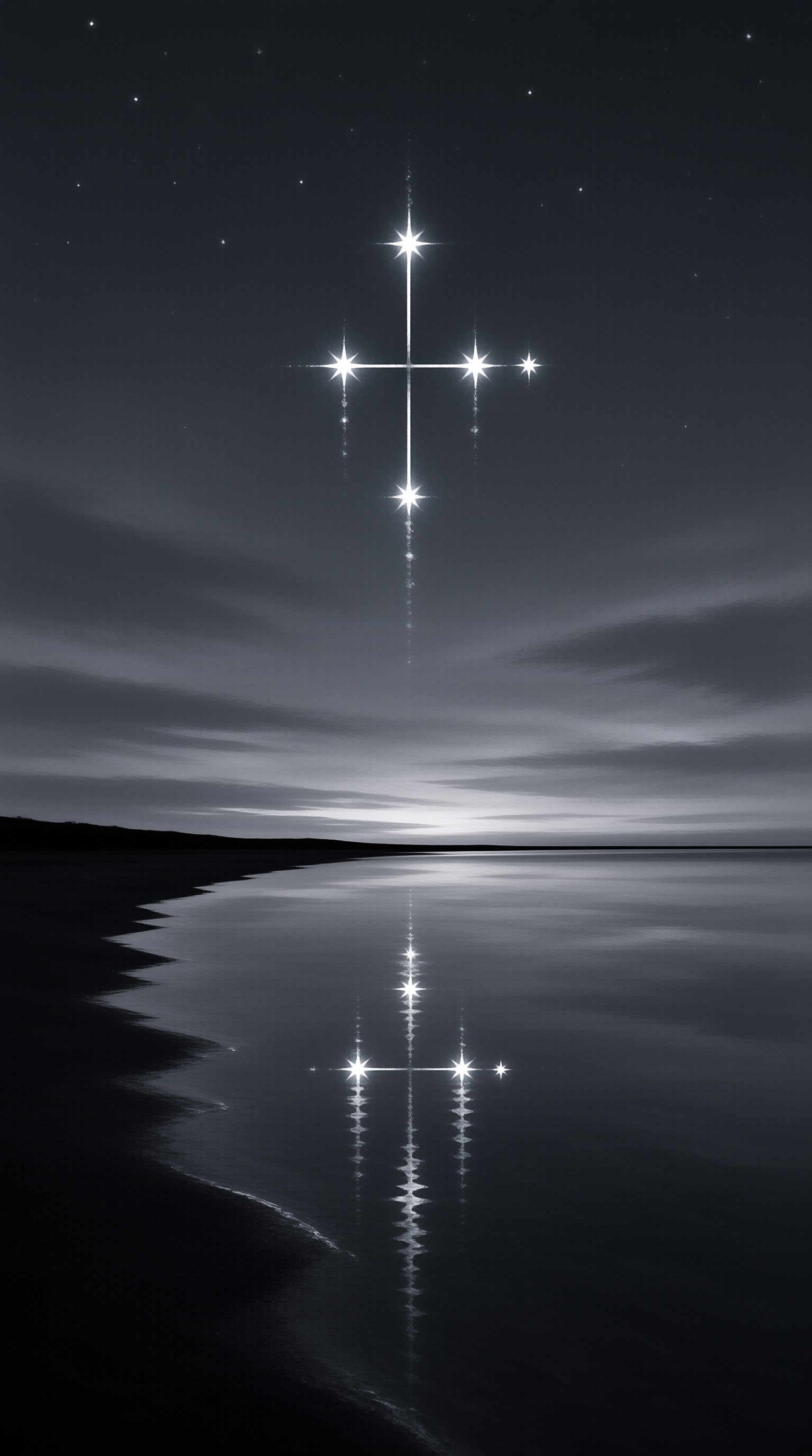 A luminous cross made of stars hangs in the dark sky above a tranquil shoreline with perfect reflections in the water.