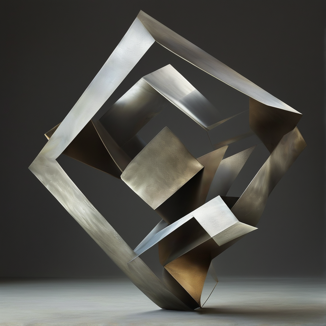 A complex arrangement of brushed metal sheets forming an abstract geometric shape against a dark grey background.