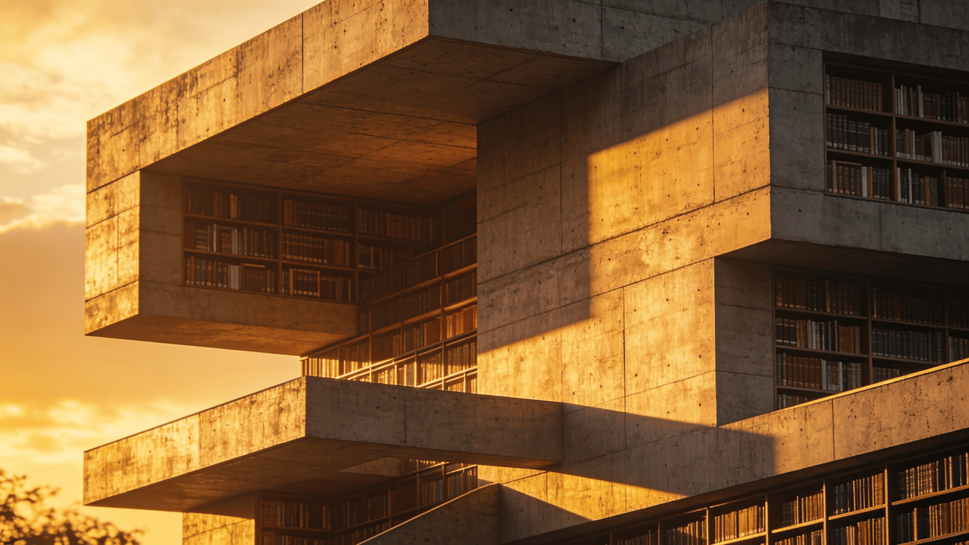 Library with Brutalist Massing — Golden Sunset