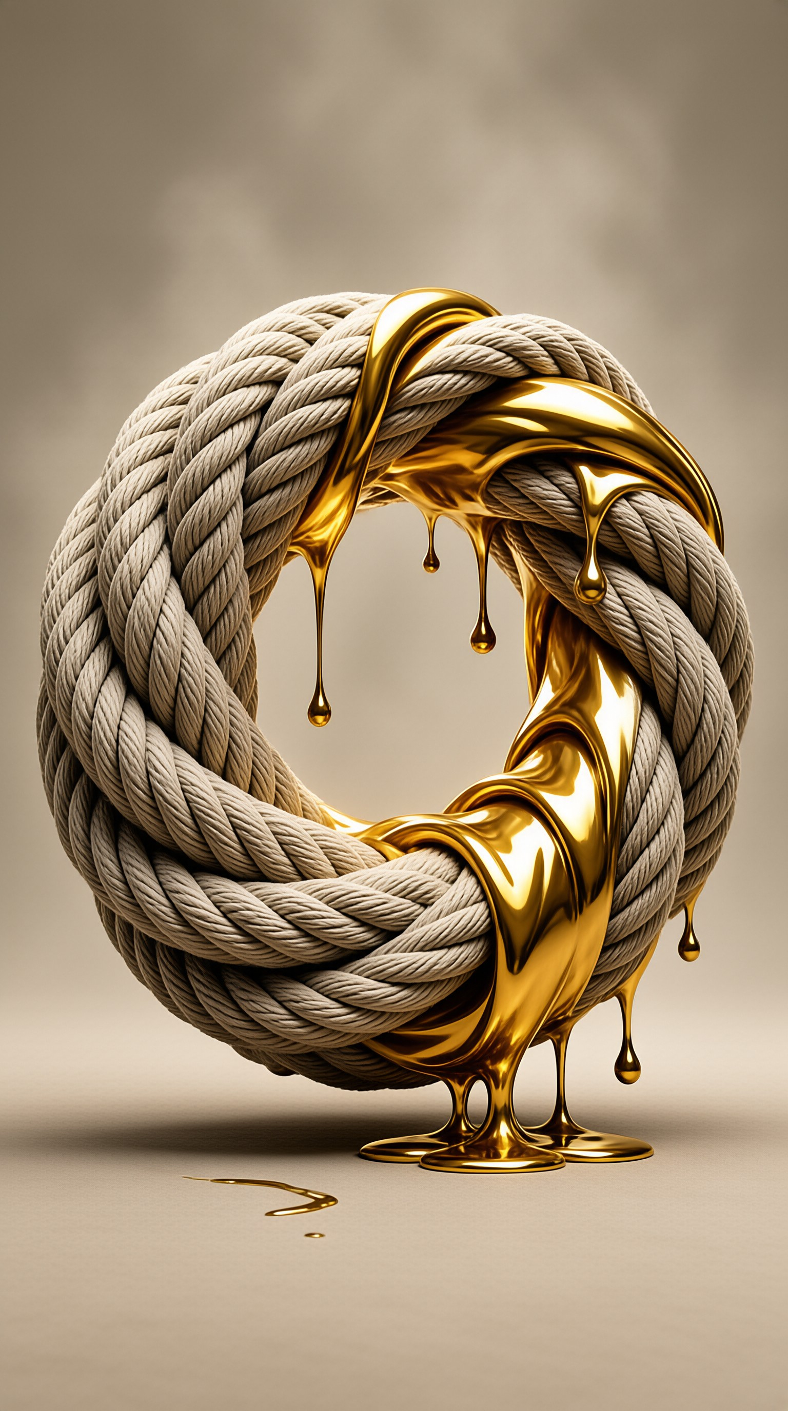 Thick beige rope coiled into a circle while shiny liquid gold flows over its surface and drips onto the ground below.
