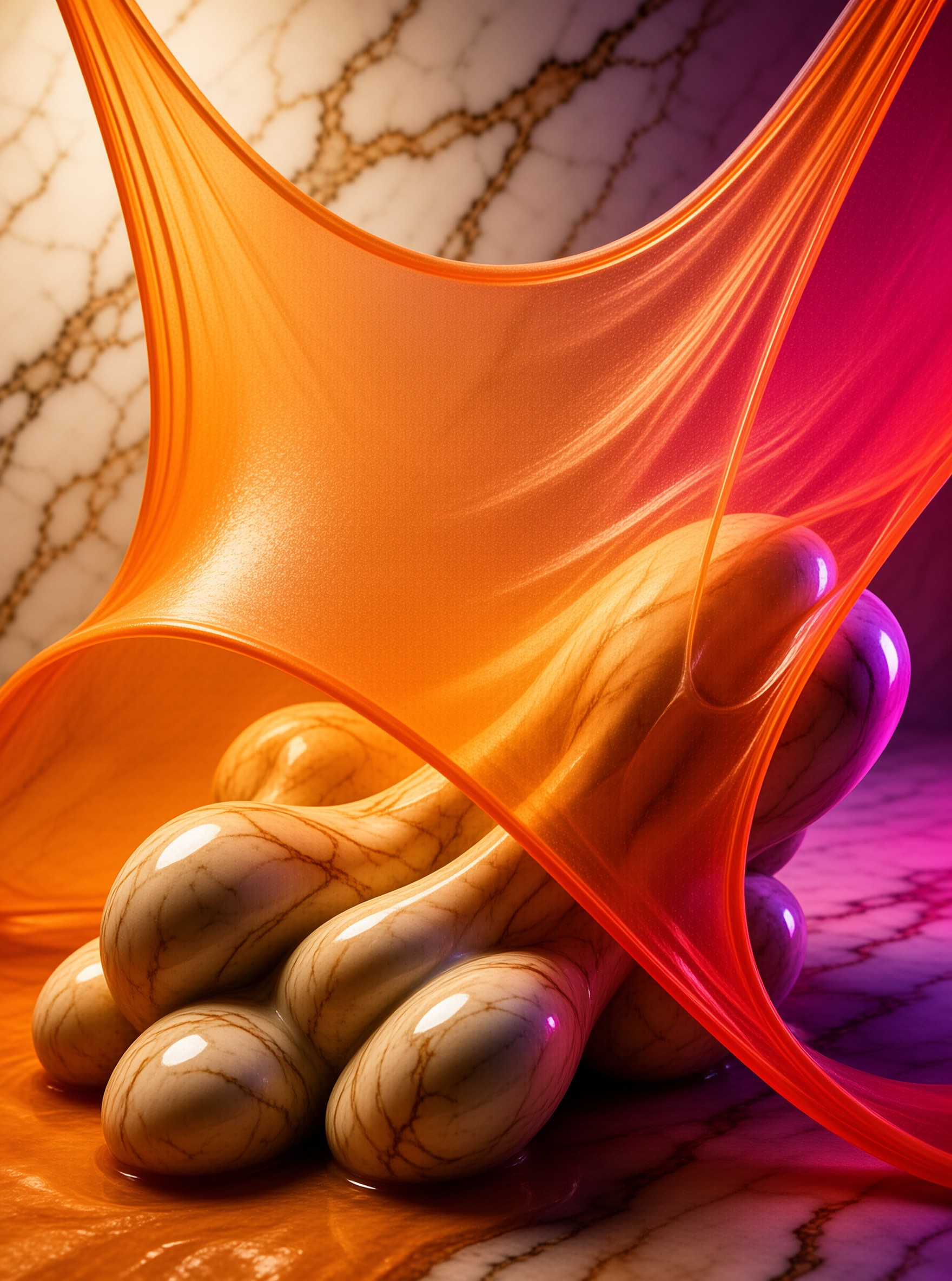 A glossy amber film stretches over cream marbled bulbs lit with magenta and violet light.