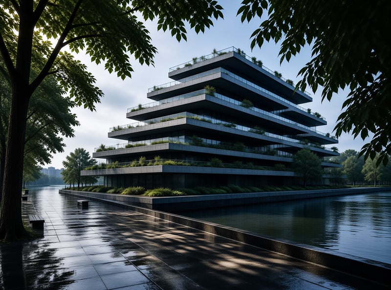A tiered structure with greenery stands beside a calm waterway while wet pavement reflects the surrounding foliage.