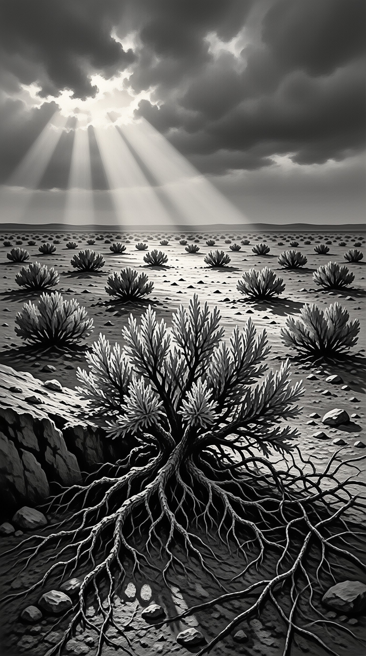 A gnarled desert shrub with visible roots anchors the foreground of a vast landscape illuminated by dramatic sunbeams.