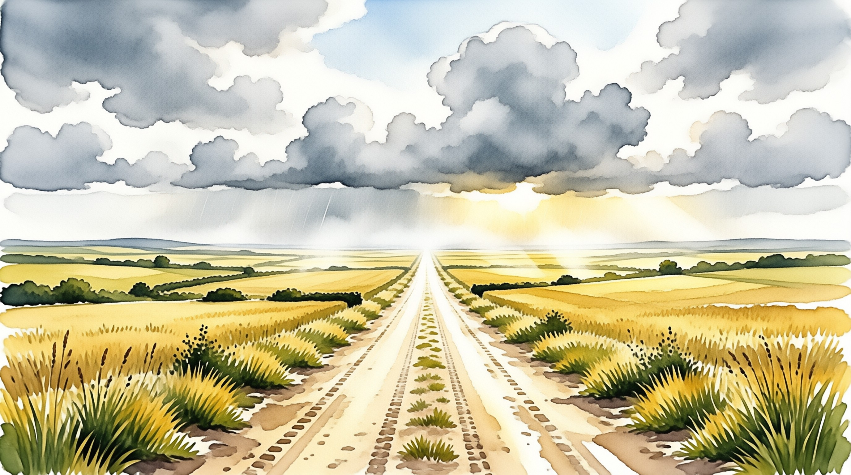 A straight dirt lane crosses golden fields under a dramatic sky featuring heavy grey clouds and bright sunbeams.