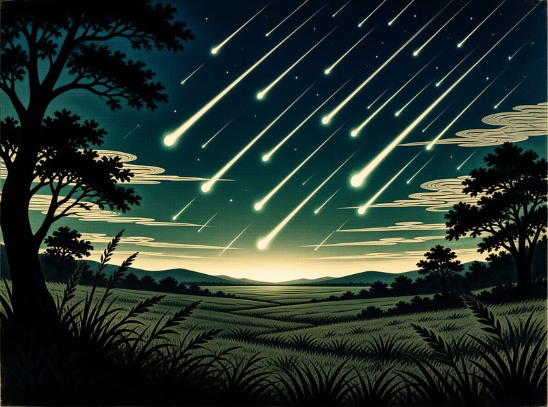 Silhouetted trees flank a grassy field beneath a dark sky crisscrossed by luminous meteor trails.