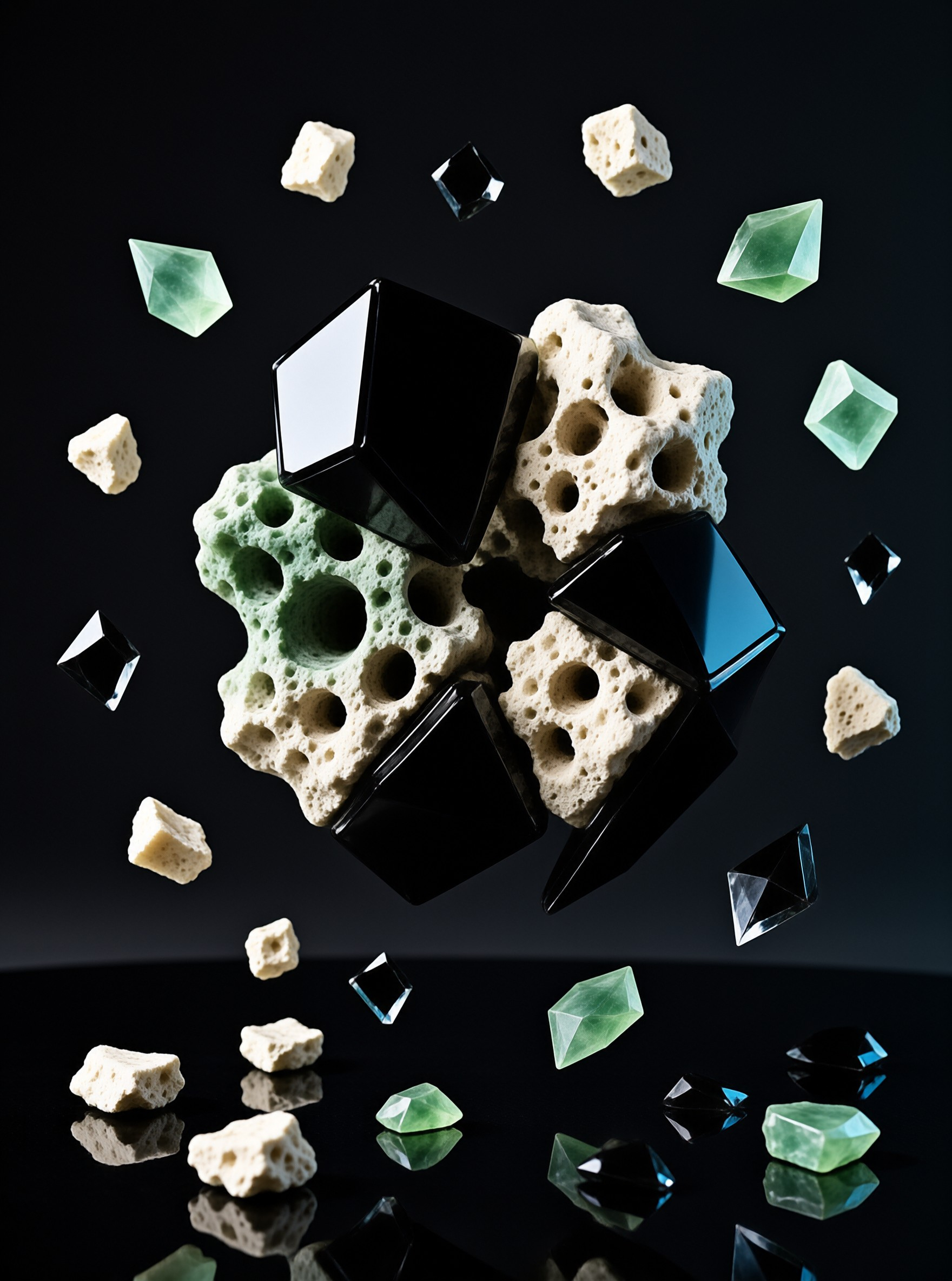 A cluster of spongy beige blocks and polished black cubes hovers above a reflective dark surface.