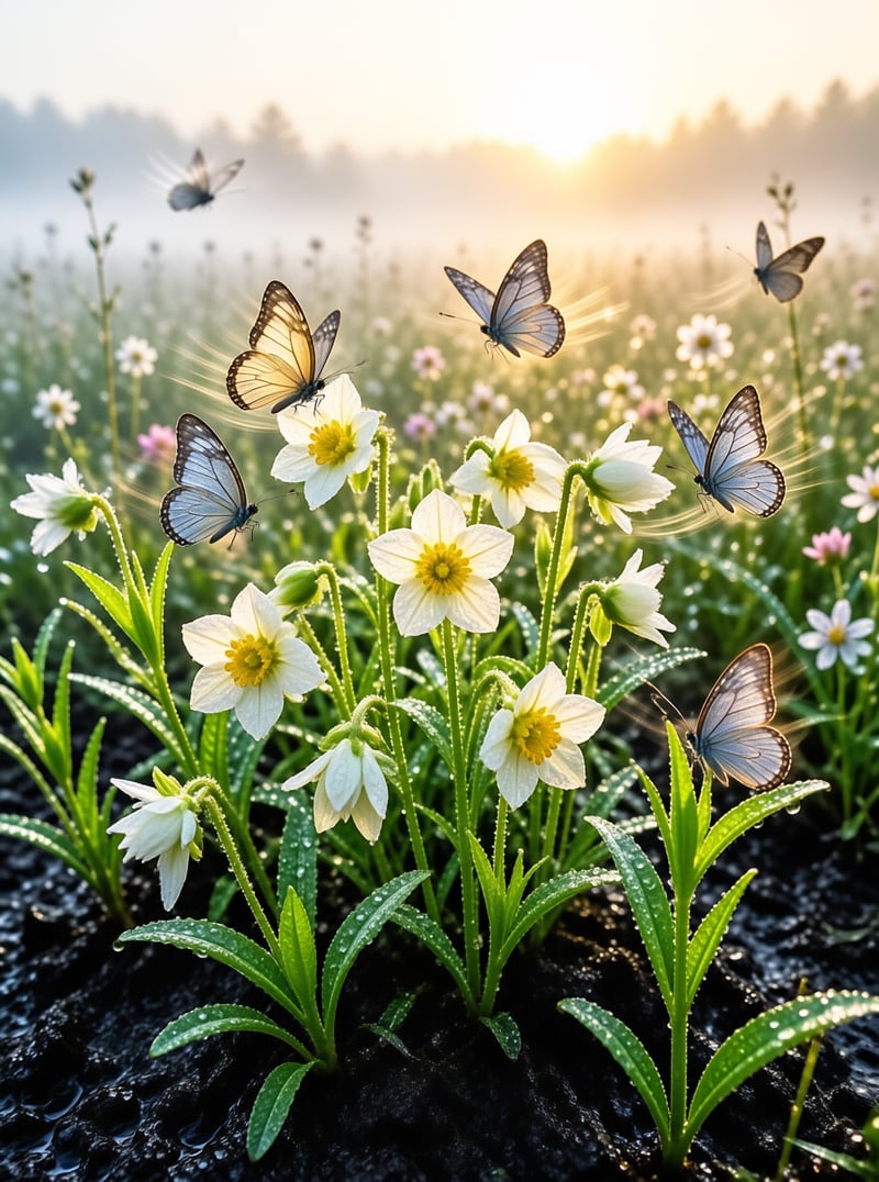 A group of butterflies rests near white wildflowers covered in dew while warm golden light shines over a green meadow at dawn.
