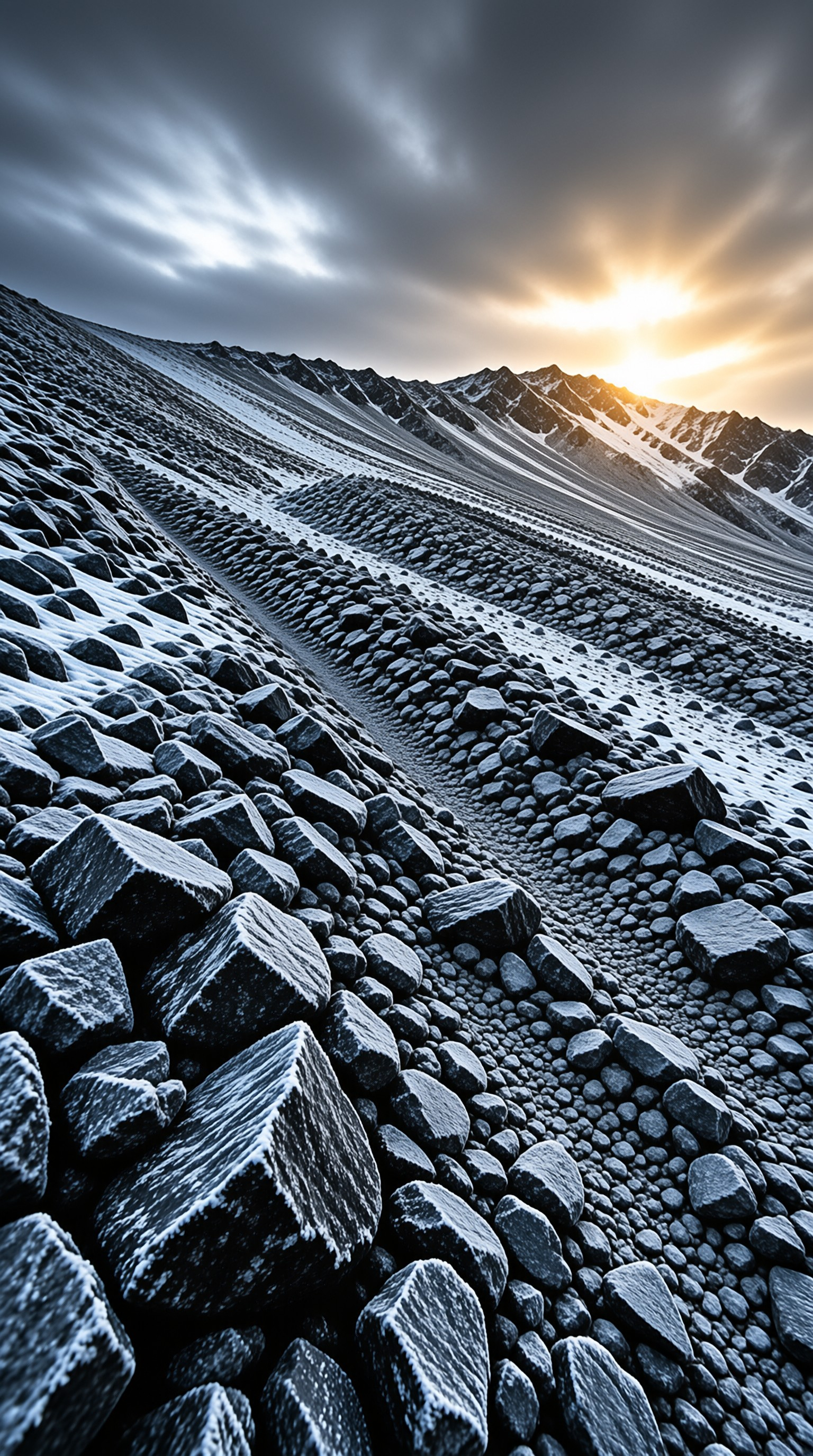 Dark stones and snow cover a steep slope leading toward bright sunlight breaking through heavy clouds.