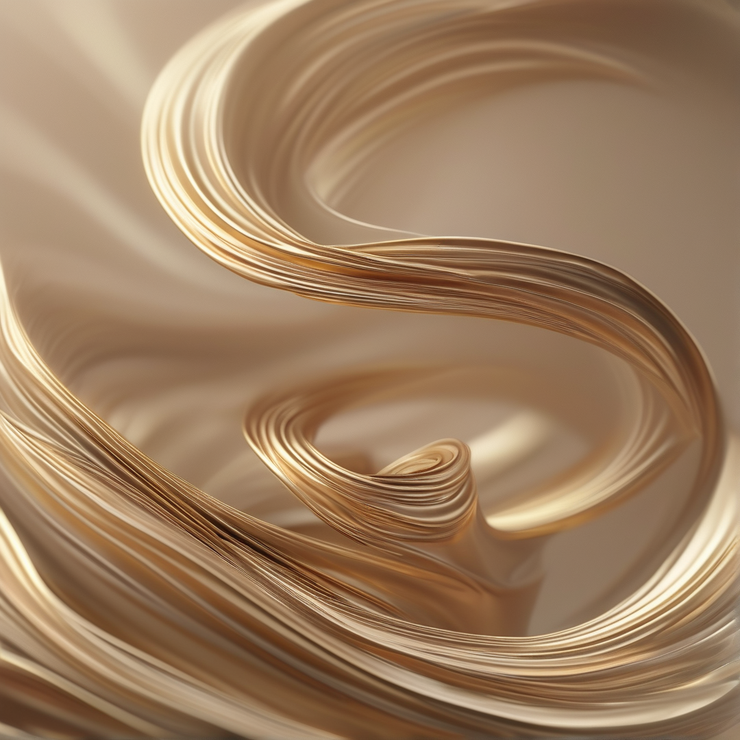 Flowing curved gold ribbons form smooth spiraling abstract shapes highlighted by soft even warm light that emphasizes their layered contours