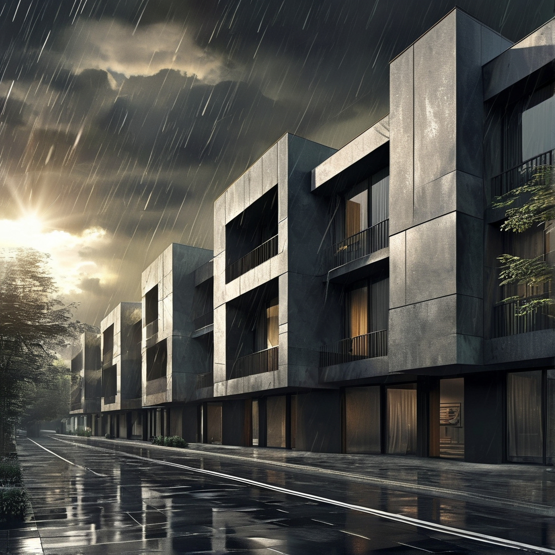 Modern Row Houses in the Rain