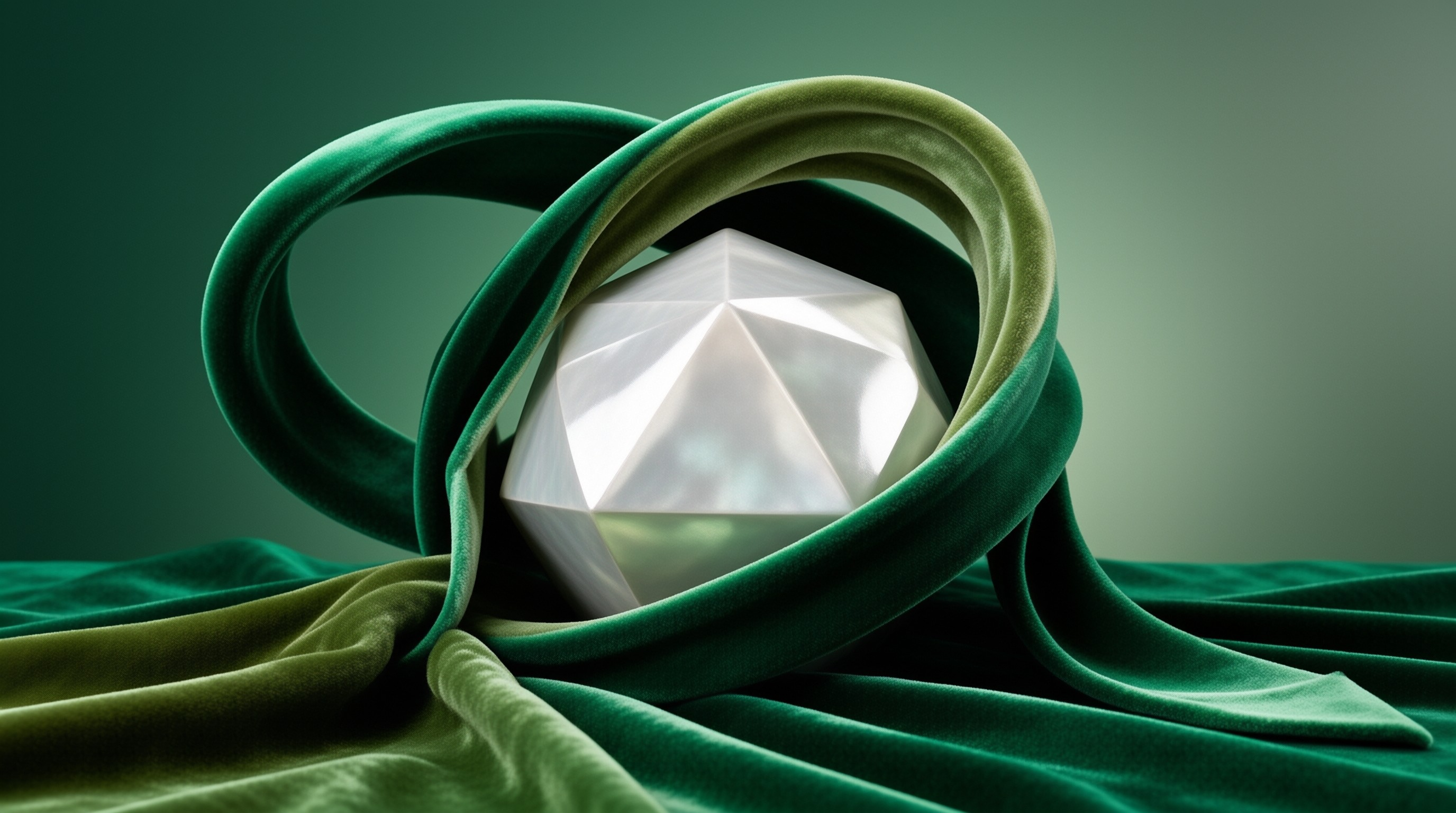A white geometric crystal sits inside loops of dark green velvet fabric under soft studio lighting.